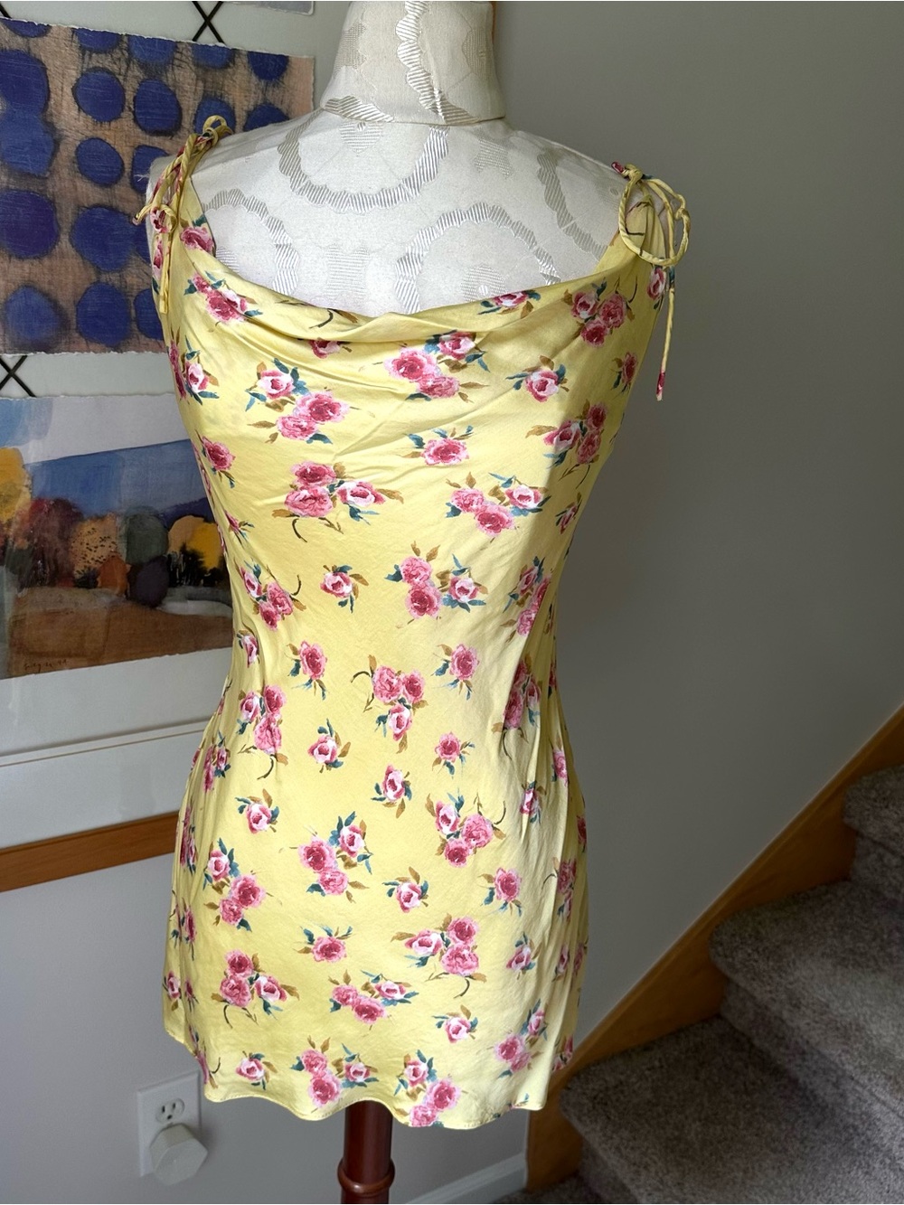Zara Yellow Floral Slip Dress with Pink Rose Print